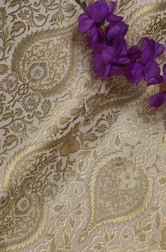 Shop the Luxurious Off White Banarasi KimKhwab Silk Fabric - 1 Mtr