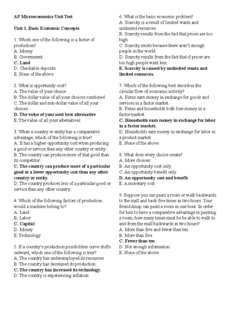 AP Microeconomics Unit 1 Practice Test - AP Microeconomics Unit Test ...