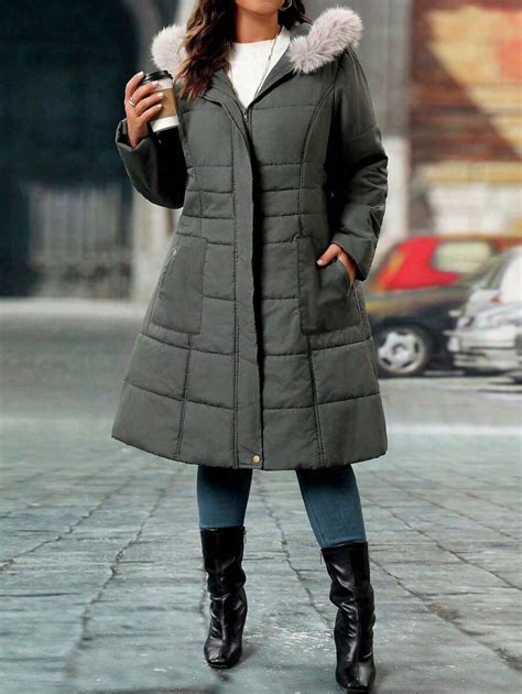 SHEIN LUNE Plus Size Women's Solid Color Simple Daily Padded Coat With ...