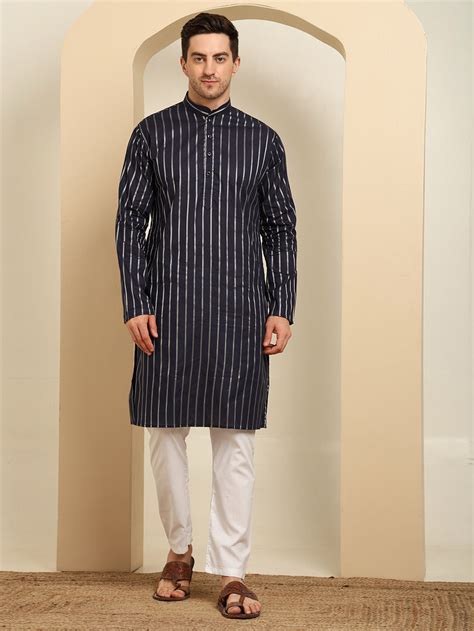 Navy Blue Striped Cotton Blend Kurta Pajama Set – Classic Ethnic Elega ...