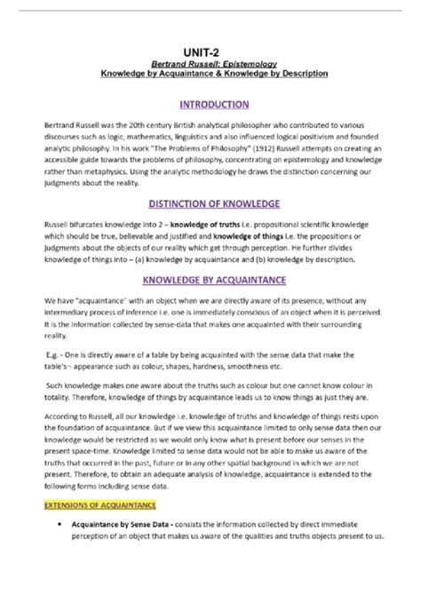 Epistemology and Knowledge: Bertrand Russell's Insights - Notes - Studocu