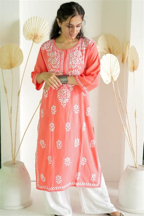 Premium rayon chikankari kurti in Dark Peach – Ethnic Threads