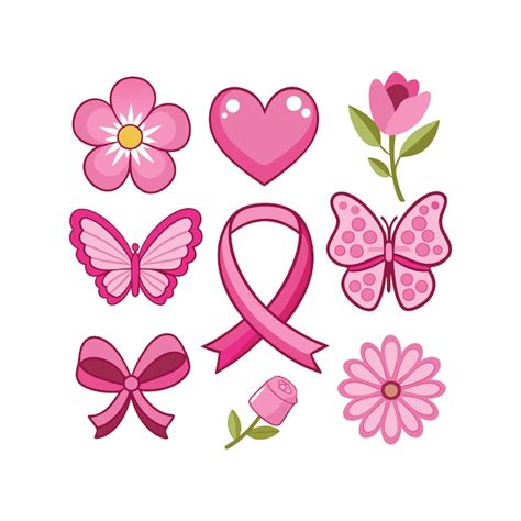 A set of pink ribbon flowers butterflies and hearts breast cancer ...
