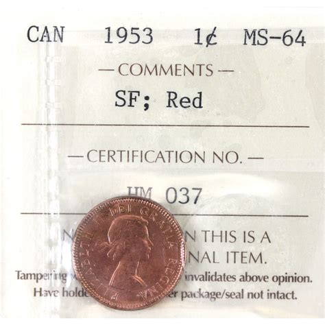 1-cent 1953 Shoulder Fold ICCS MS64 Red
