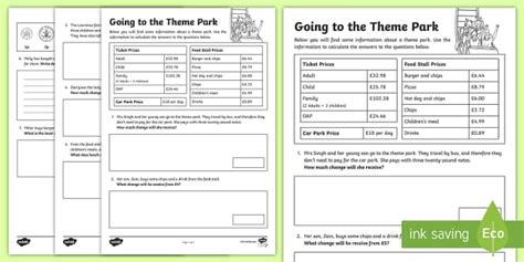 Going to the Theme Park: Money Problems Worksheet - Twinkl