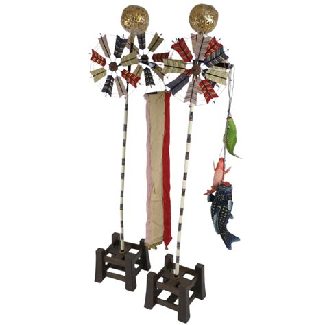 Japanese Boys' Day Koinobori Indoor Carp Streamer Display Vtg 2 Stands ...