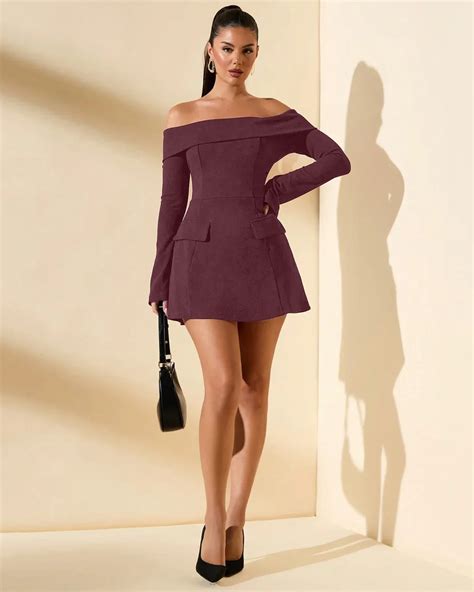 Off Shoulder Full Sleeves Mini Dress in Maroon – Littlebox India