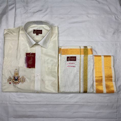 Horad Premium Art Silk Cream Balaji Embroidery Shirt + Cream with Gold ...