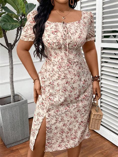 SHEIN VCAY Plus Size Vacation Puff Sleeve Square Neck Side Slit Dress ...
