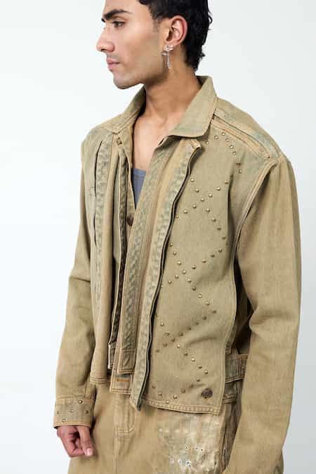 Buy Brown Denim Studs Triple Layer Jacket For Men by Triune Online at ...
