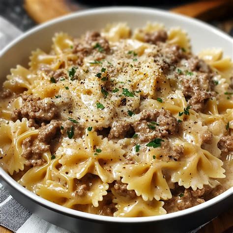 One-Pot Creamy Parmesan Garlic Beef Bowtie Pasta - Recipes by Clare