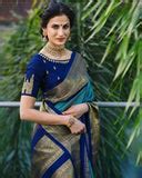 Superhit Design Blue Kanjivaram Style Soft Silk Saree for Women with G ...
