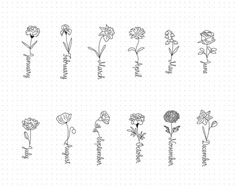 Birth Flowers With Cursive Text of Months and Flower Name Svg, Clipart ...
