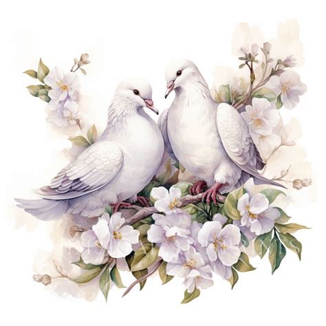 Dove Clipart, A Pair of White Doves on Flowery Branch Art Peaceful Bird Illustration Wedding ...