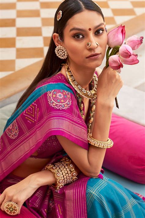Buy Cyan Blue and Pink Printed Patola Saree — Premium Silk | MySilkLove ...