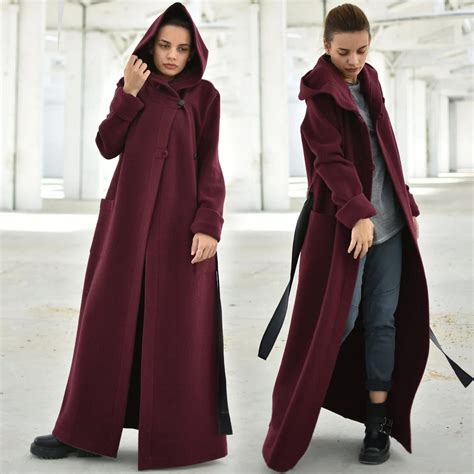 Burgundy Hooded Coat, Long Wool Belted Coat, Warm Winter Coat, Plus ...