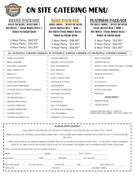 Changing Times Ale House - Parties Menu