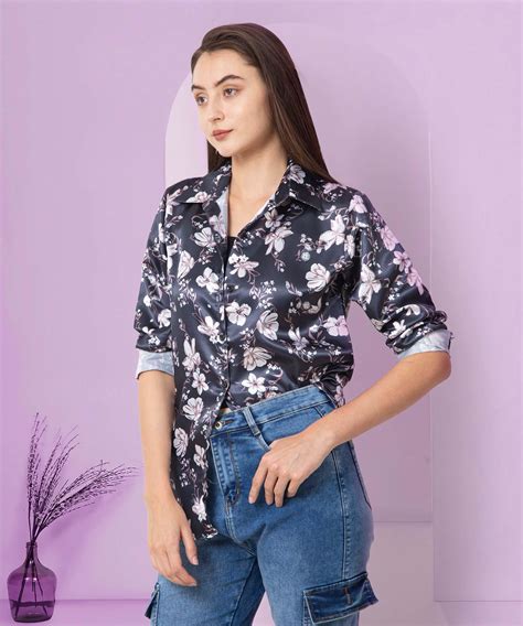 Buy Floral Printed Black Satin Shirt For Women - Vooning