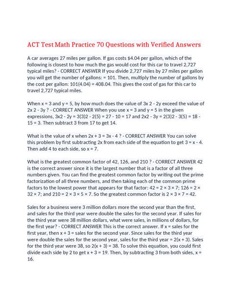 ACT Test Math Practice 70 Questions with Verified Answers,100% CORRECT ...