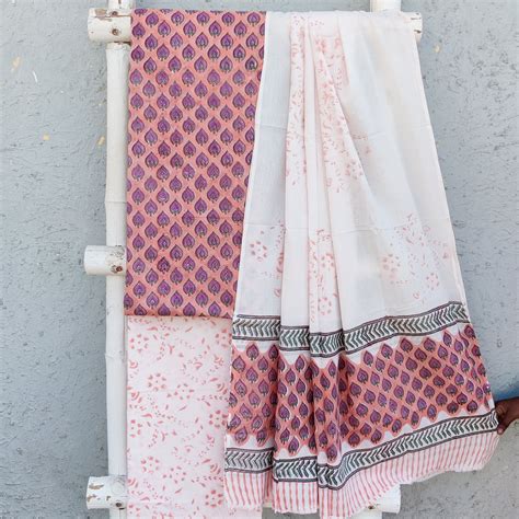 ROZANA-Pure Cotton Peach With Leaf Motifs Top With White Bottom And Co ...