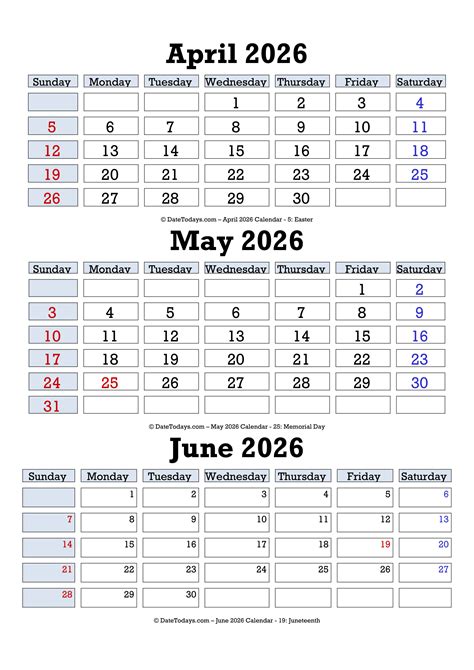 April May June 2026 Calendar Printable - 3 Month Calendar