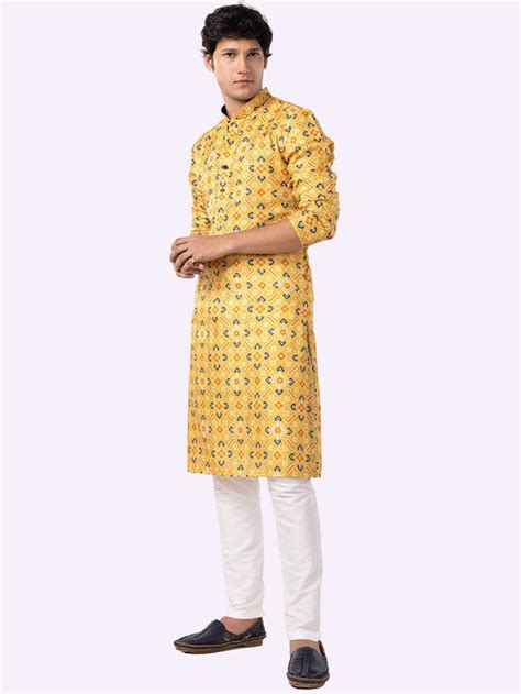 Lemon Yellow Printed Tussar Silk Kurta For Men – The Kurta Company
