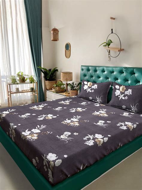 Brown Floral 300 TC Cotton Blend Fitted Double Bedsheet with 2 Pillow ...