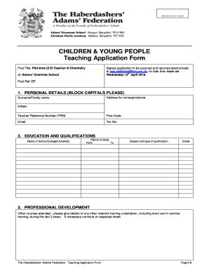 Fillable Online adamsgs org CHILDREN YOUNG PEOPLE Teaching Application ...
