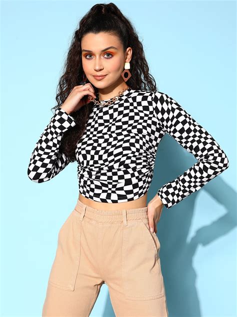 Women Black & White Checked Pattern Round Neck Tie-Up Back Crepe Crop ...