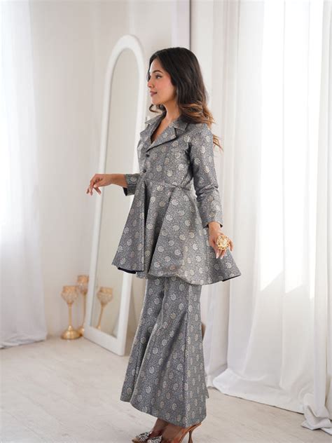 Navy Blue Brocade Peplum Top Co-ord Set with Flared Pants – Hanfi ...
