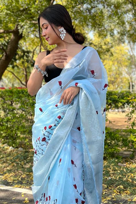 Buy Sky Blue Organza Saree 99354 Online | Karagiri