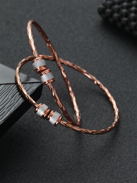 Priyaasi Minimal Textured Dual-Ring Rose Gold-Plated Bangle Set of 2