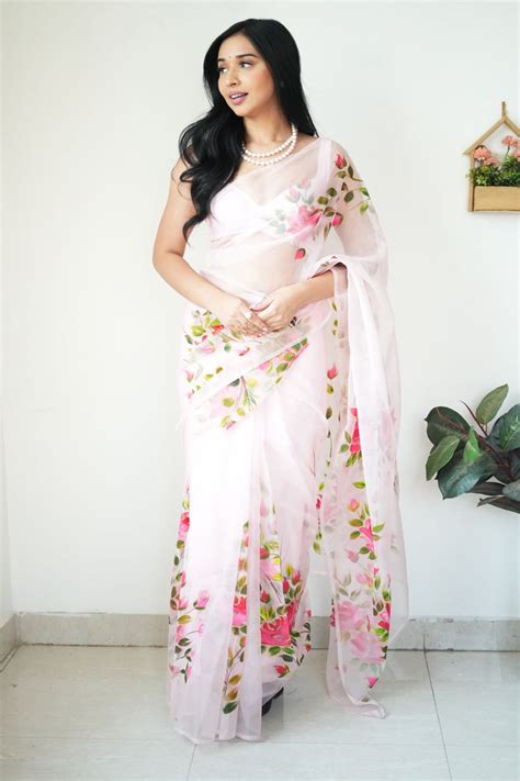 Ineffable 1-Minute Ready To Wear Baby Pink Organza Silk Saree – thelotusfab