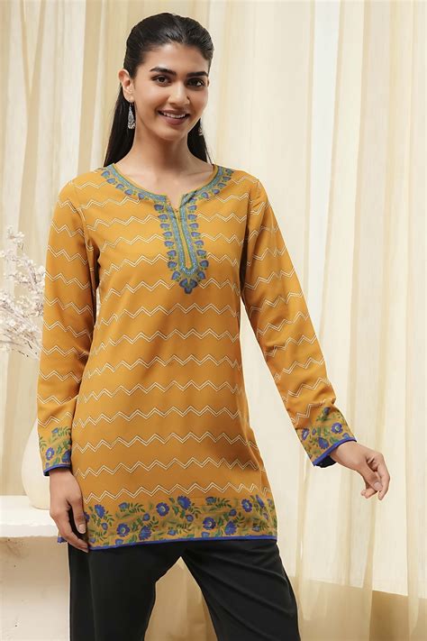 Buy Mustard Yellow Printed Straight Short Kurta Online at Biba India