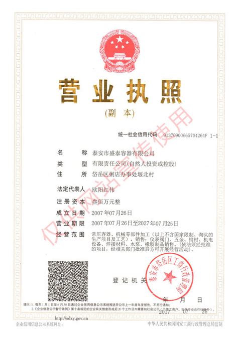 营业执照证书-泰安市东岳衡器有限责任公司