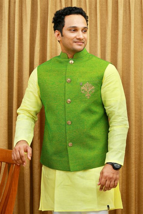 Lime Green Linen Nehru Jacket with Pastel Yellow Kurta & White Bottom ...