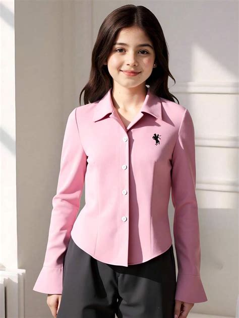 Tween Girl Floral Print Fitted Button-Down Long Sleeve Casual Shirt ...