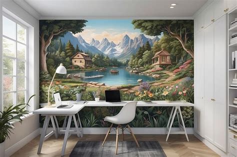 A home office with a foldout desk integrated into a wall mural ...