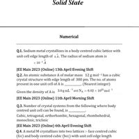 JEE Main Previous Year Questions (2021-2026): Solid State - Chemistry ...