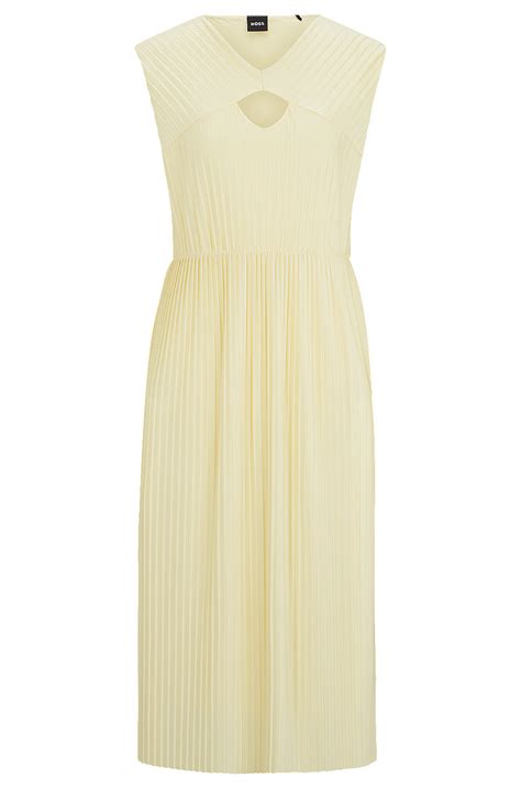 BOSS - Sleeveless dress in high-shine plissé fabric - Light Yellow