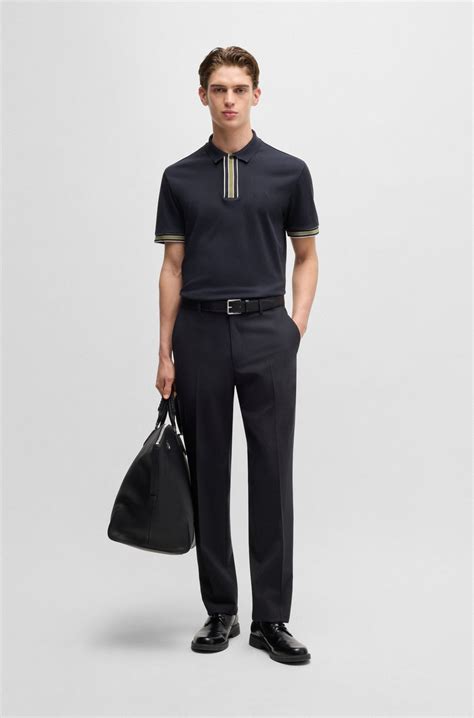 BOSS - Interlock-cotton polo shirt with contrast tipping - Dark Blue