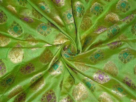 SILK BROCADE FABRIC PARROT GREEN,BLUE,PURPLE,METALLIC GOLD COLOUR 44 ...