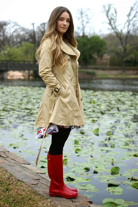 Classic Rainy Day outfit with red rain boots and a trench coat ...