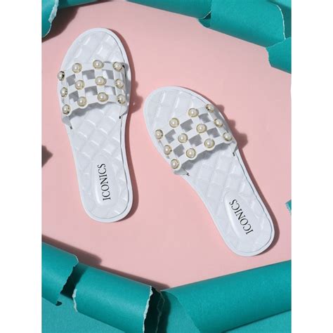 Buy Iconics White Women Embellished Sliders Online