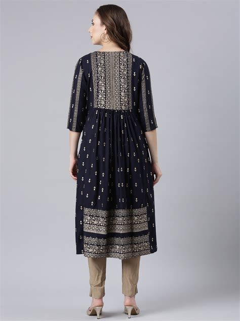 Neerus Navy Blue Pleated Straight Floral Kurtas – Neerus India