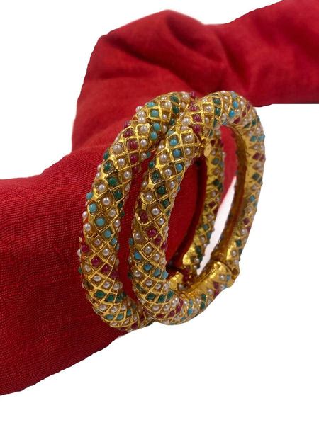 Gold Plated Multi Color Jadau Rajasthani Kada Bangle Set By Gehna Shop