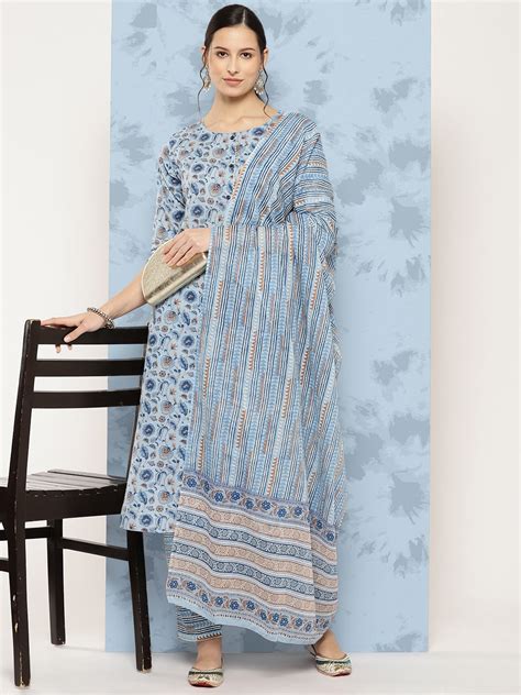 Blue Floral Printed A-Line Kurta With Palazzo And Dupatta – Trendphoria