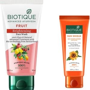 BIOTIQUE Fruit Face Wash 150 ML & Sun Shield Sun Flower SPF 50 Matte ...
