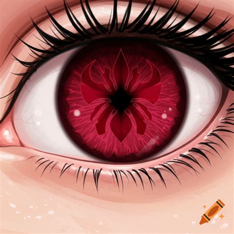 A close-up, anime-style eye with a burgundy iris and a stylized scarlet iris flower symbol with ...