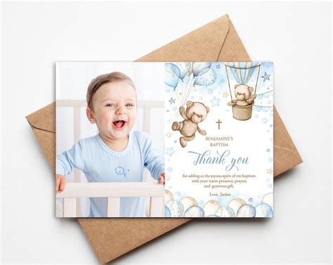 Editable Baptism Thank You Card With Photo. Blue Teddy Bear, Air ...